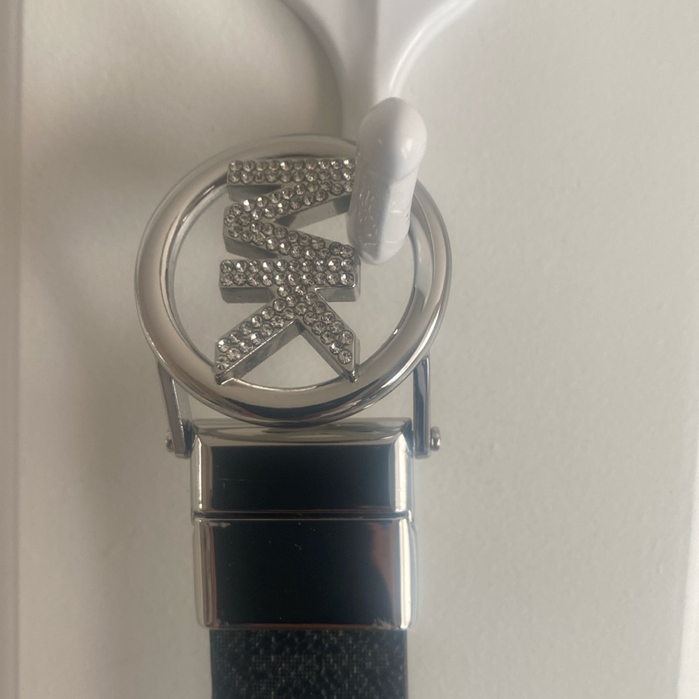 Michael Kors Signature Logo Black Belt with MK Rhinestone Buckle